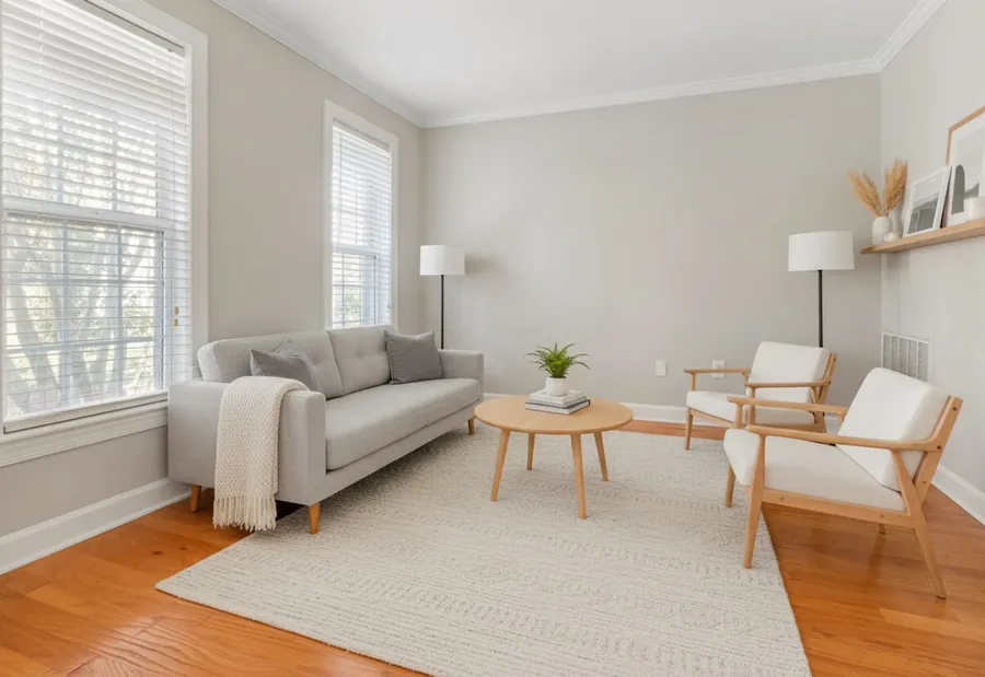 Camera arredata con virtual staging AI in stile scandinavo: arredo virtuale a scopo illustrativo, esempio di immagine inclusa nel pacchetto RoomReveal
